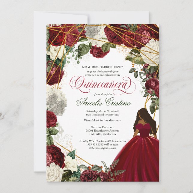 Invitation Quinceanera avec robe élégante et fleurs bordeaux (Devant)