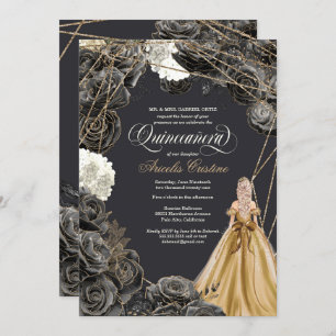 Invitation Quinceañera avec Roses noirs, Gold Gown & Parties