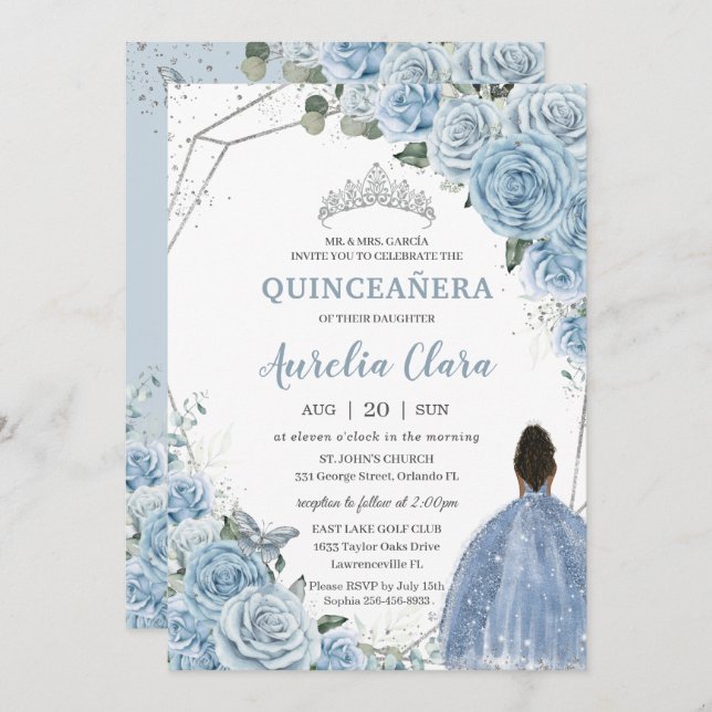 Invitation Quinceañera Baby Blue Floral Brown Princess 15e (Devant / Derrière)