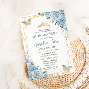 Invitation Quinceañera Baby Blue Floral Gold Butterflies 16e