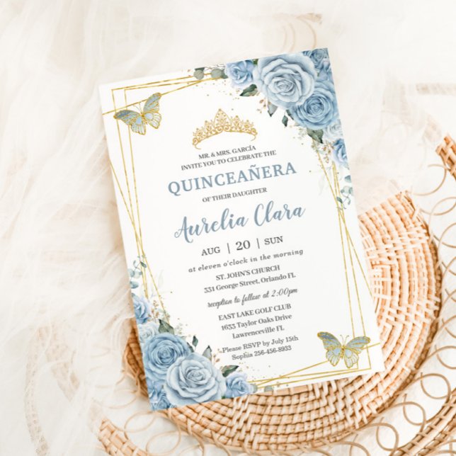 Invitation Quinceañera Baby Blue Floral Gold Butterflies 16e (Créateur téléchargé)