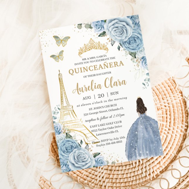Invitation Quinceañera Baby Blue Floral Paris Eiffel France (Créateur téléchargé)