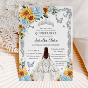 Invitation Quinceañera Baby Blue Floral Sunflowers Argent