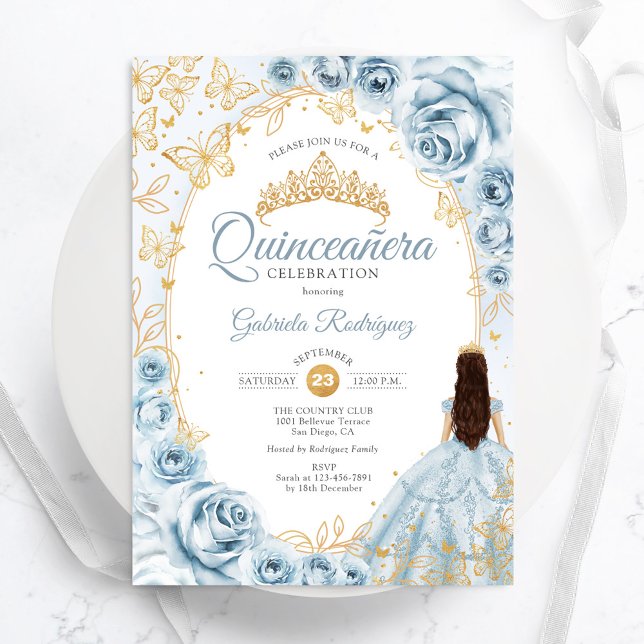 Invitation Quinceanera Baby Blue Gold Floral (Créateur téléchargé)