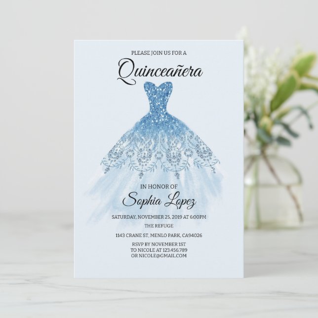 Invitation Quinceanera Baby Blue Thème, Mis Quince (Debout devant)