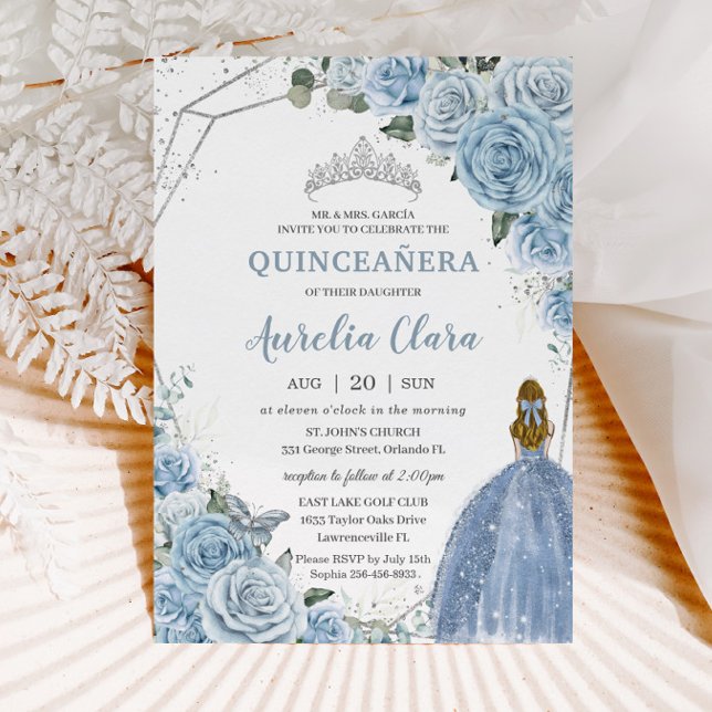 Invitation Quinceañera Baby Soft Blue Floral Princess 15 16 (Créateur téléchargé)