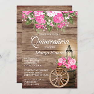 Invitation Quinceañera Baril de bois et Fleurs roses