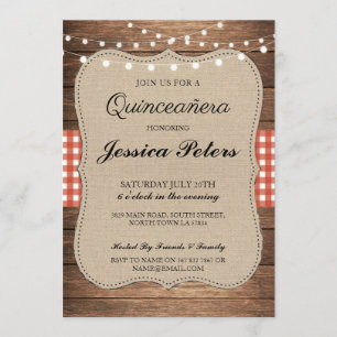 Invitation Quinceanera BBQ Party Red Check Rustic Wood Invita