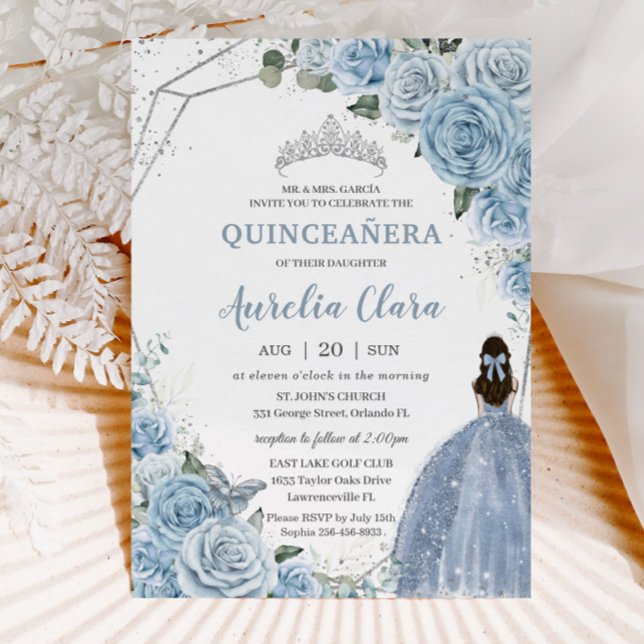 Invitation Quinceañera Bébé Bleu Doux Floral Princesse 15 Año (Créateur téléchargé)
