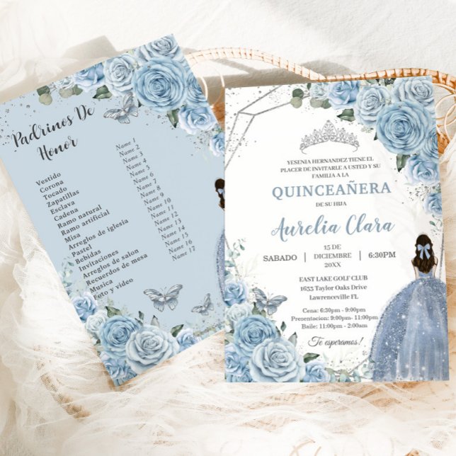 Invitation Quinceañera Bébé bleu doux Flore 15 Años Padrinos (baby blue roses floral silver Quinceañera Spanish xv 15 invitation card with Padrinos de Honor list )