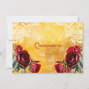 Invitation Quinceanera Belle Roses Rouges dentelle et or