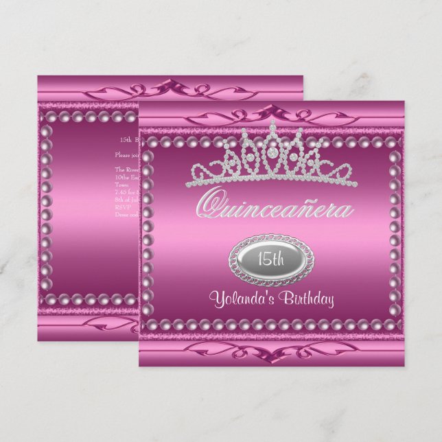 Invitation Quinceanera Bijou rose Tiara Pearl 15e anniversair (Devant / Derrière)