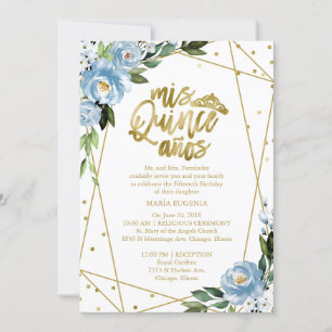Invitation Quinceañera Bilangue Feuille D'Or Bleu