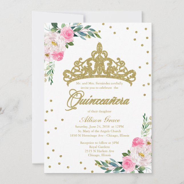 Invitation Quinceañera Bililingue Tiara Rose Chaud (Devant)
