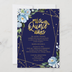 Invitation Quinceañera Bilingue Bleu Foncé