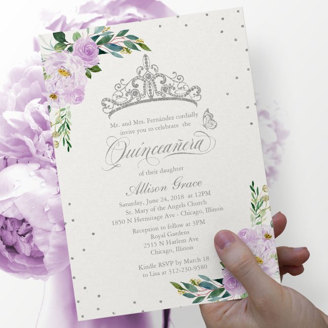 Invitation Quinceanera Bilingue Diadème Lilas (Créateur téléchargé)