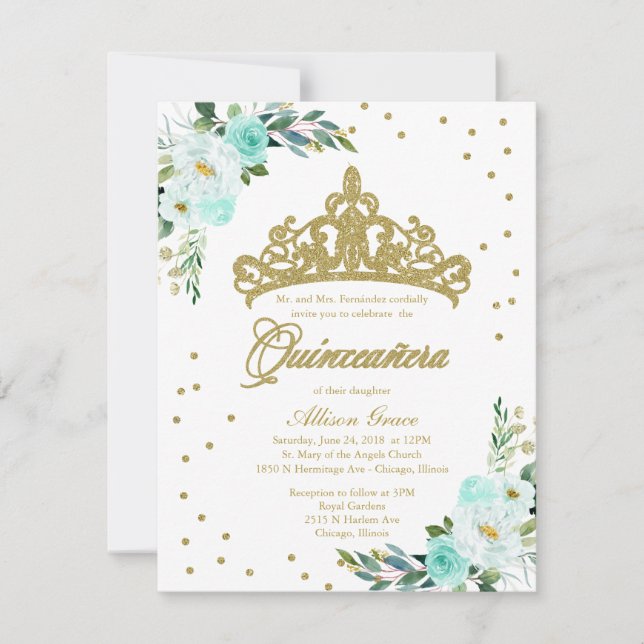 Invitation Quinceañera Bilingue Diadème Sarcelle (Devant)
