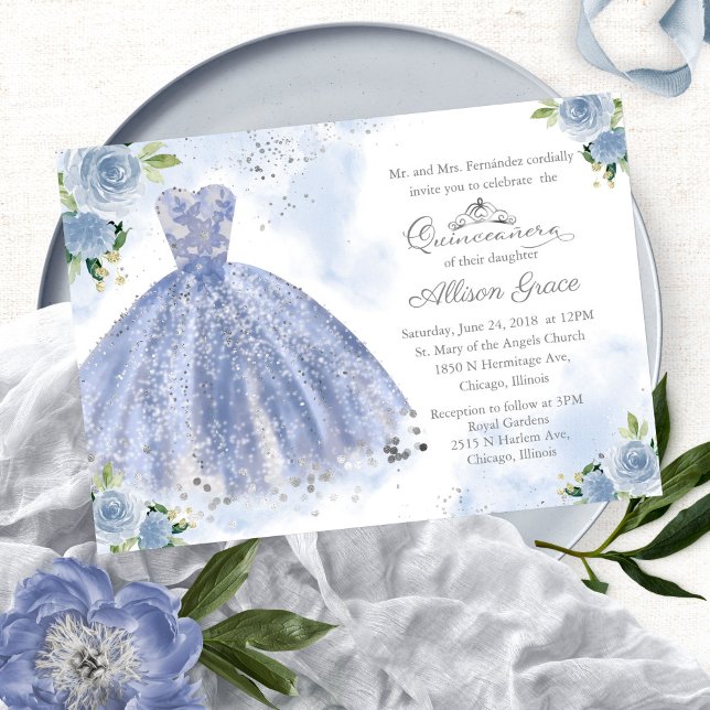 Invitation Quinceañera Bilingue Robe Bleu Clair (Créateur téléchargé)