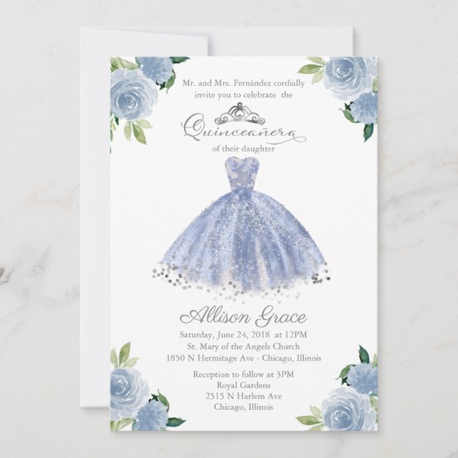 Invitation Quinceanera Bilingue Robe Bleue Blush (Devant)