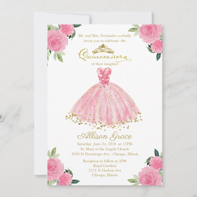 Invitation Quinceanera Bilingue Robe Rose Chaud (Devant)