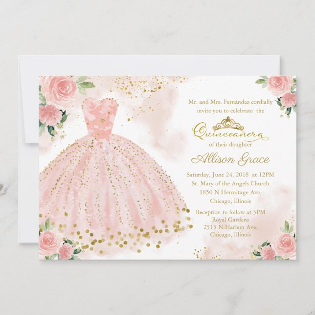 Invitation Quinceañera Bilingue Robe Rose Pâle (Devant)