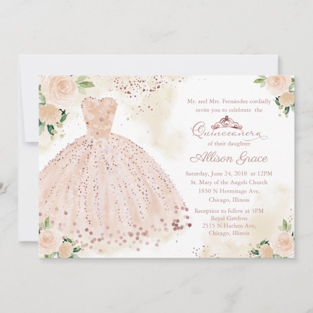 Invitation Quinceañera Bilingue Robe Rose Pâle (Devant)
