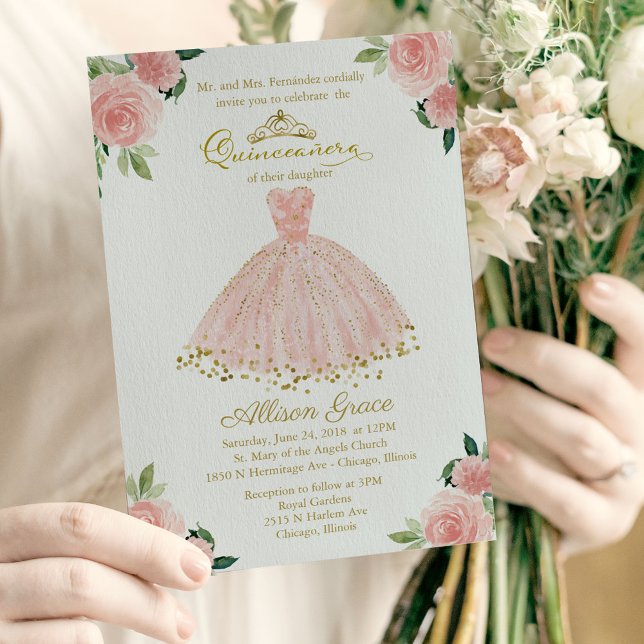 Invitation Quinceañera Bilingue Robe Rose Pâle (Créateur téléchargé)