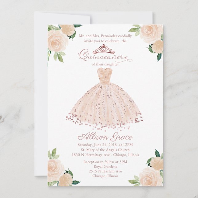 Invitation Quinceañera Bilingue Robe Rose Pâle (Devant)