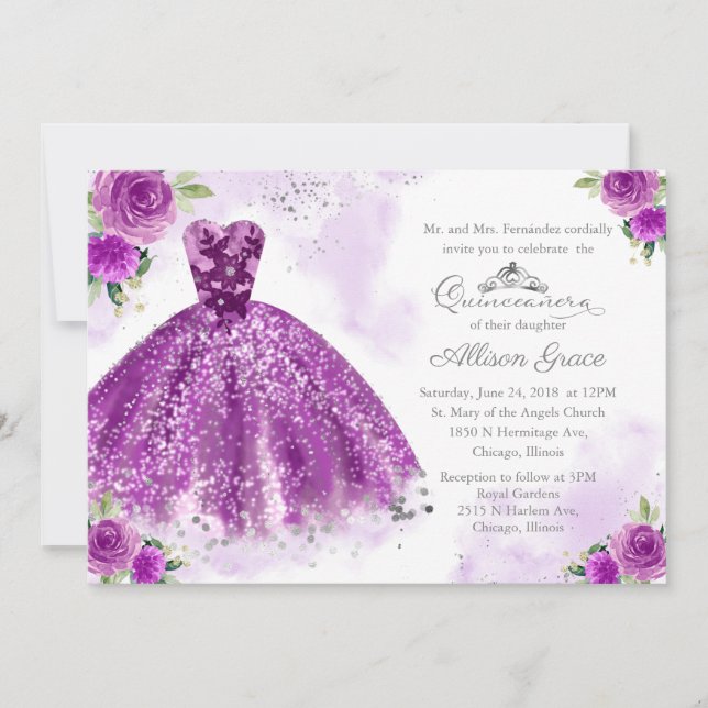 Invitation Quinceanera Bilingue Robe Violette (Devant)