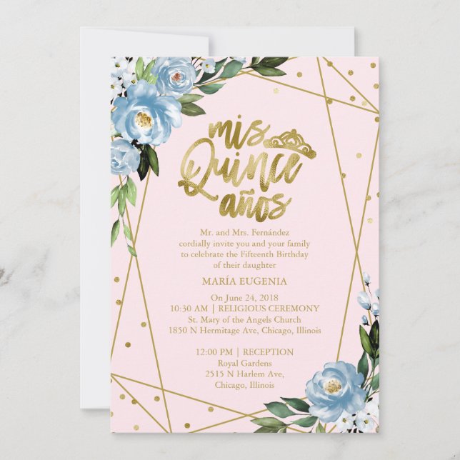 Invitation Quinceañera Bilingue Rose Bleu (Devant)