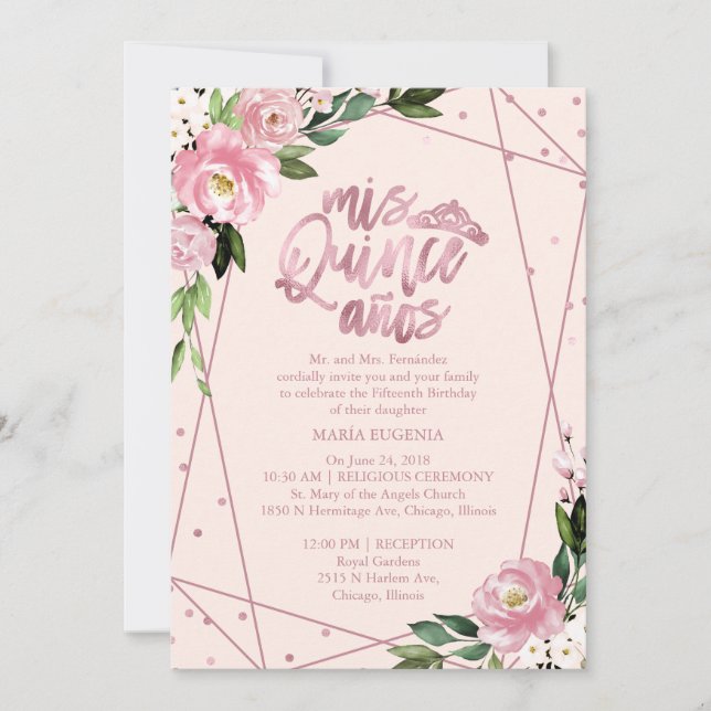 Invitation Quinceañera Bilingue Rose Pâle (Devant)