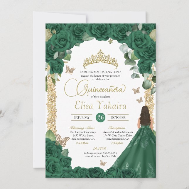 Invitation Quinceanera Birthday Emerald Rose vert (Devant)