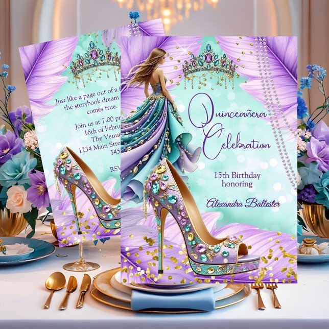 Invitation Quinceanera Birthday Lilac Teal Tiara Gold Heel (Créateur téléchargé)