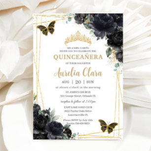 Invitation Quinceañera Black Floral Rose Papillons Or