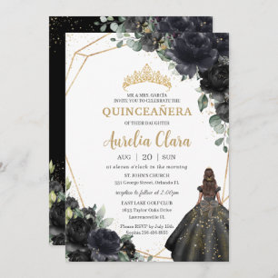 Invitation Quinceañera Black Floral Rose Princess Gold Crown