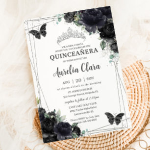 Invitation Quinceañera Black Floral Rose Princesse Silver
