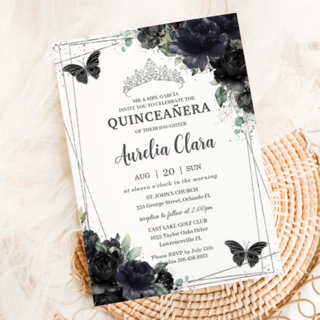 Invitation Quinceañera Black Floral Rose Princesse Silver (Créateur téléchargé)