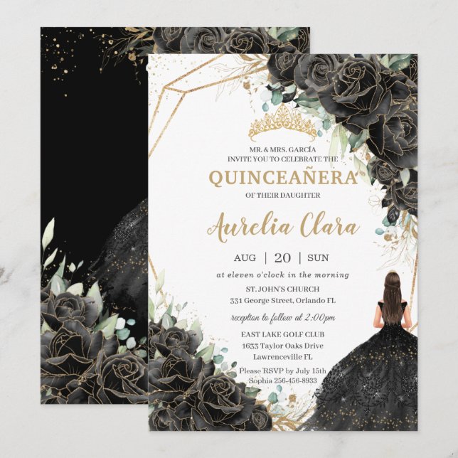 Invitation Quinceañera Black Floral Rose robe Couronne or (Devant / Derrière)