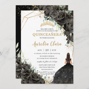 Invitation Quinceañera Black Floral Rose robe Couronne or