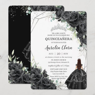 Invitation Quinceañera Black Floral Roses Gown Argent Couronn