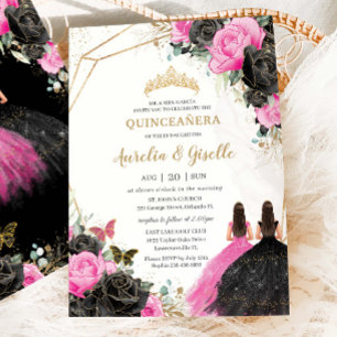 Invitation Quinceañera Black Fuchsia Floral Princess Twins