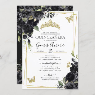 Invitation Quinceañera Black Gold Aquarelle Papillon floral