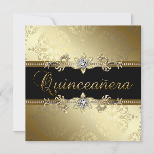 Invitation Quinceanera Black Gold Damask (Devant)