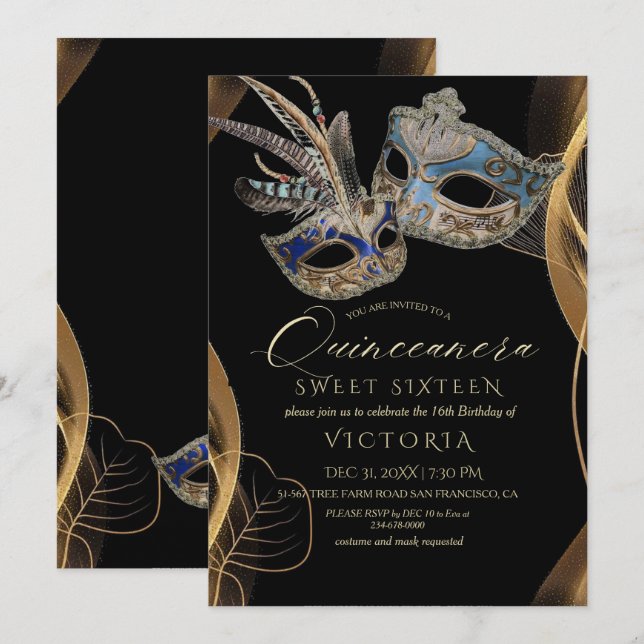 Invitation Quinceañera Black Gold Masquerade Anniversaire (Devant / Derrière)