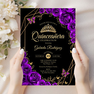 Invitation Quinceanera Black Gold Purple Floral