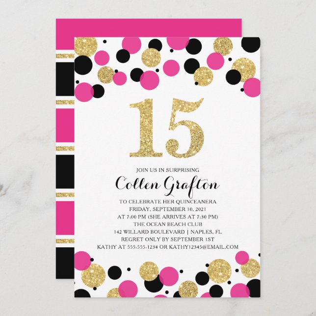 Invitation Quinceanera Black Hot Pink Gold Parties scintillan (Devant / Derrière)