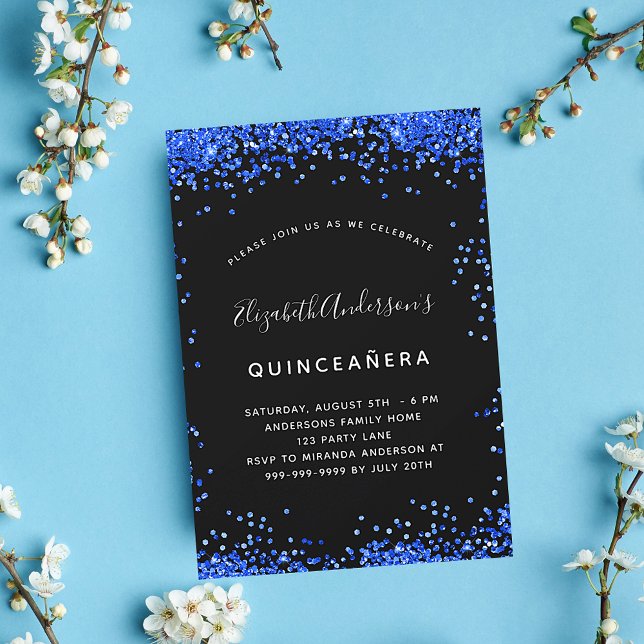 Invitation Quinceanera black royal bleu scintille (Créateur téléchargé)