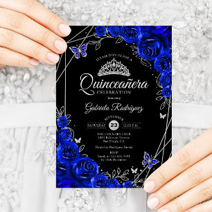 Invitation Quinceanera Black Royal Blue Silver Floral
