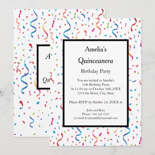 Invitation Quinceanera blanc confetti anniversaire (Devant / Derrière)