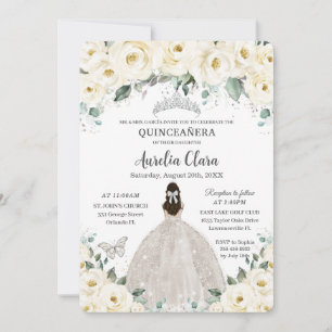 Invitation Quinceañera blanc ivoire Floral Argent Tiara robe